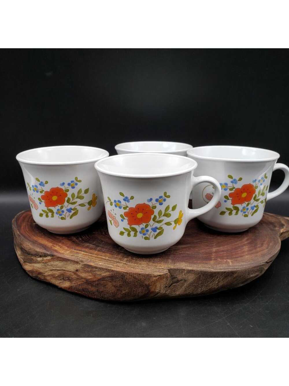 Set 4 Vintage Corning Ware Floral Coffee Mugs White Retro Cups